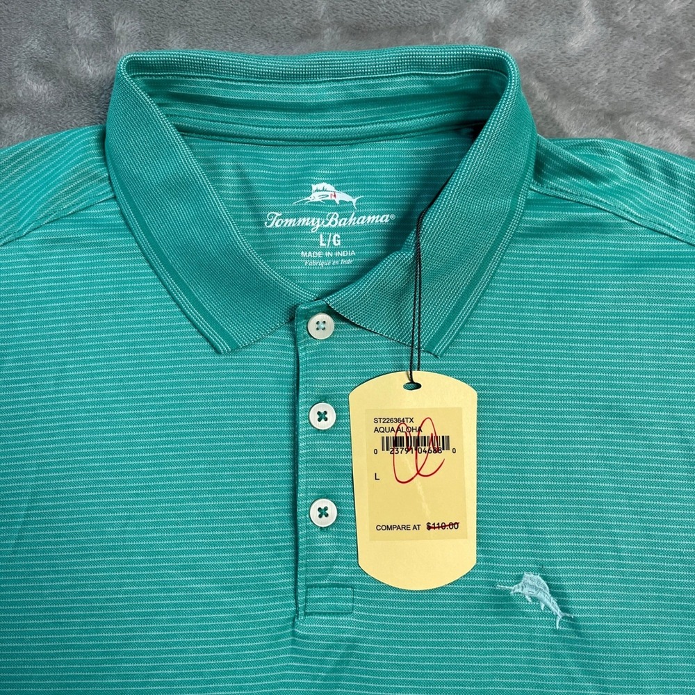 NWT Tommy Bahama Mens Aqua Aloha Striped Polo Shirt Teal Blue Large Beach Prep